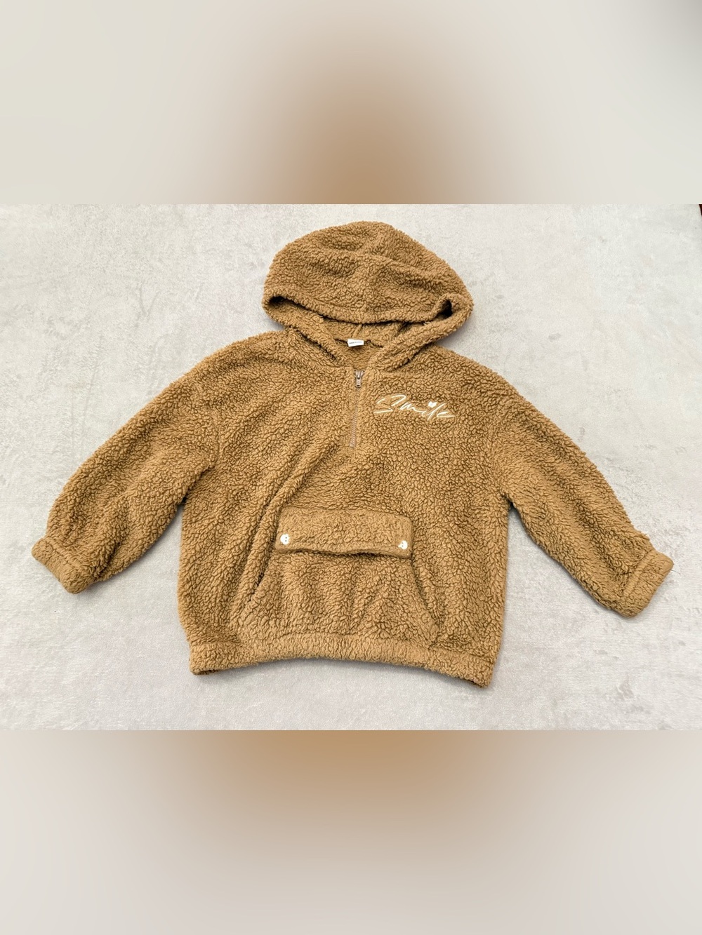 SHEIN Girls Teddy Fleece Hoodie Size 5Y Brown Sherpa Pullover Hooded Sweatshirt